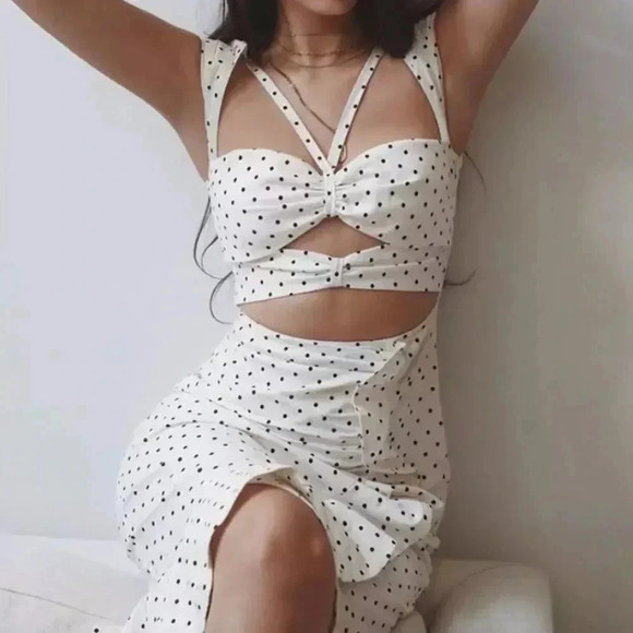 NEW! Black & White Polka Dots Cut Out Ruffle Midi Dress - Picture 1 of 11